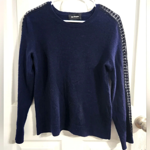 The Kooples lace sleeve Navy Cashmere wool blend sweater eyelet Medium - Picture 1 of 12